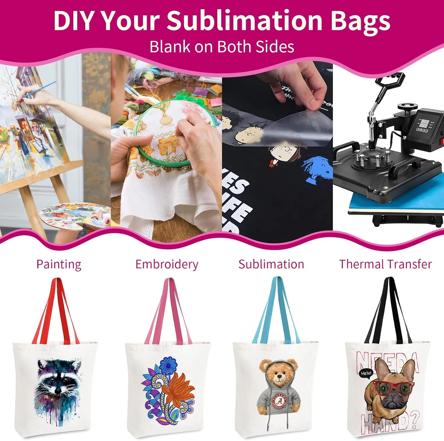 10 Pack Canvas Tote Bag with Zipper, Reusable Grocery Bags with Long Handle, DIY Heat Transfer Sublimation Blanks Shopping Bags for Advertising, Birthday, Halloween, Christmas Craft Bags