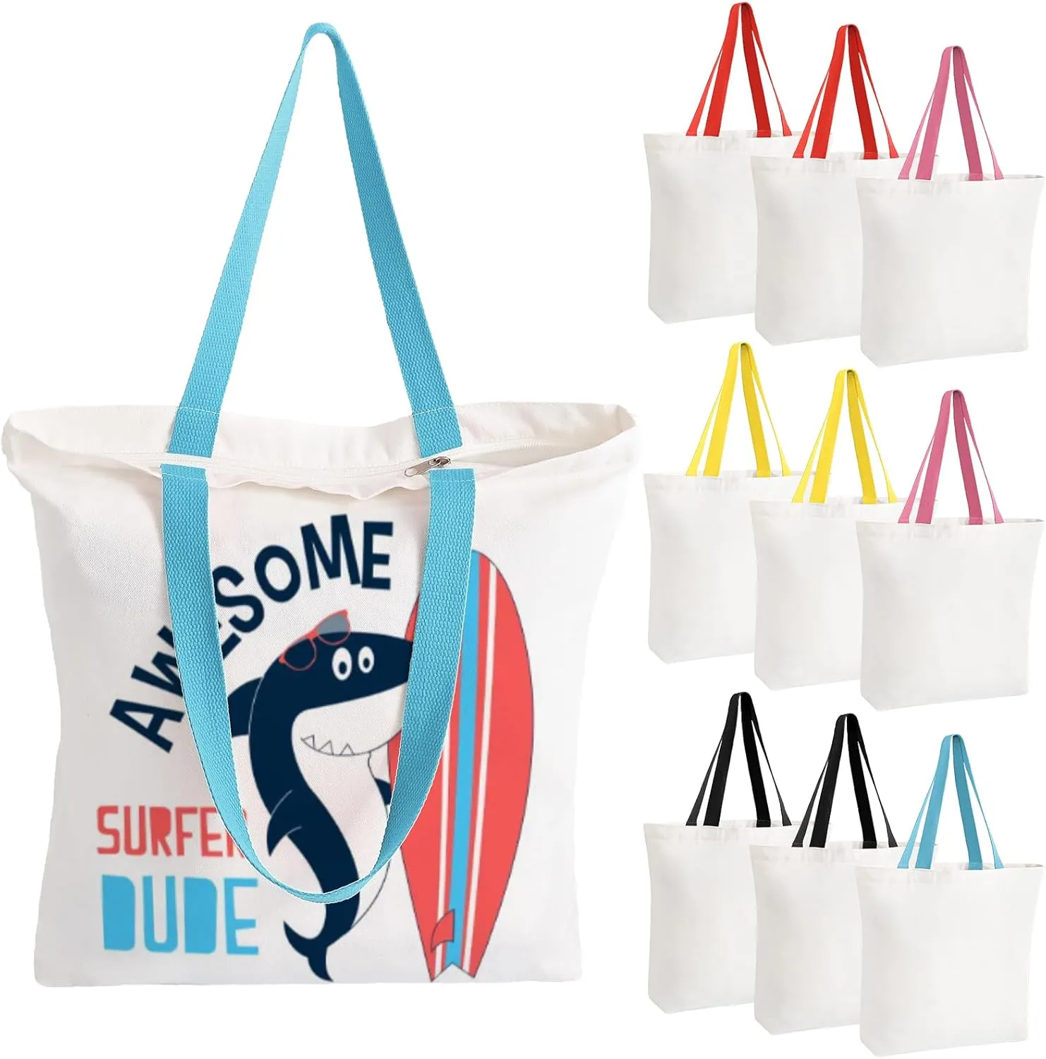 10 Pack Canvas Tote Bag with Zipper, Reusable Grocery Bags with Long Handle, DIY Heat Transfer Sublimation Blanks Shopping Bags for Advertising, Birthday, Halloween, Christmas Craft Bags