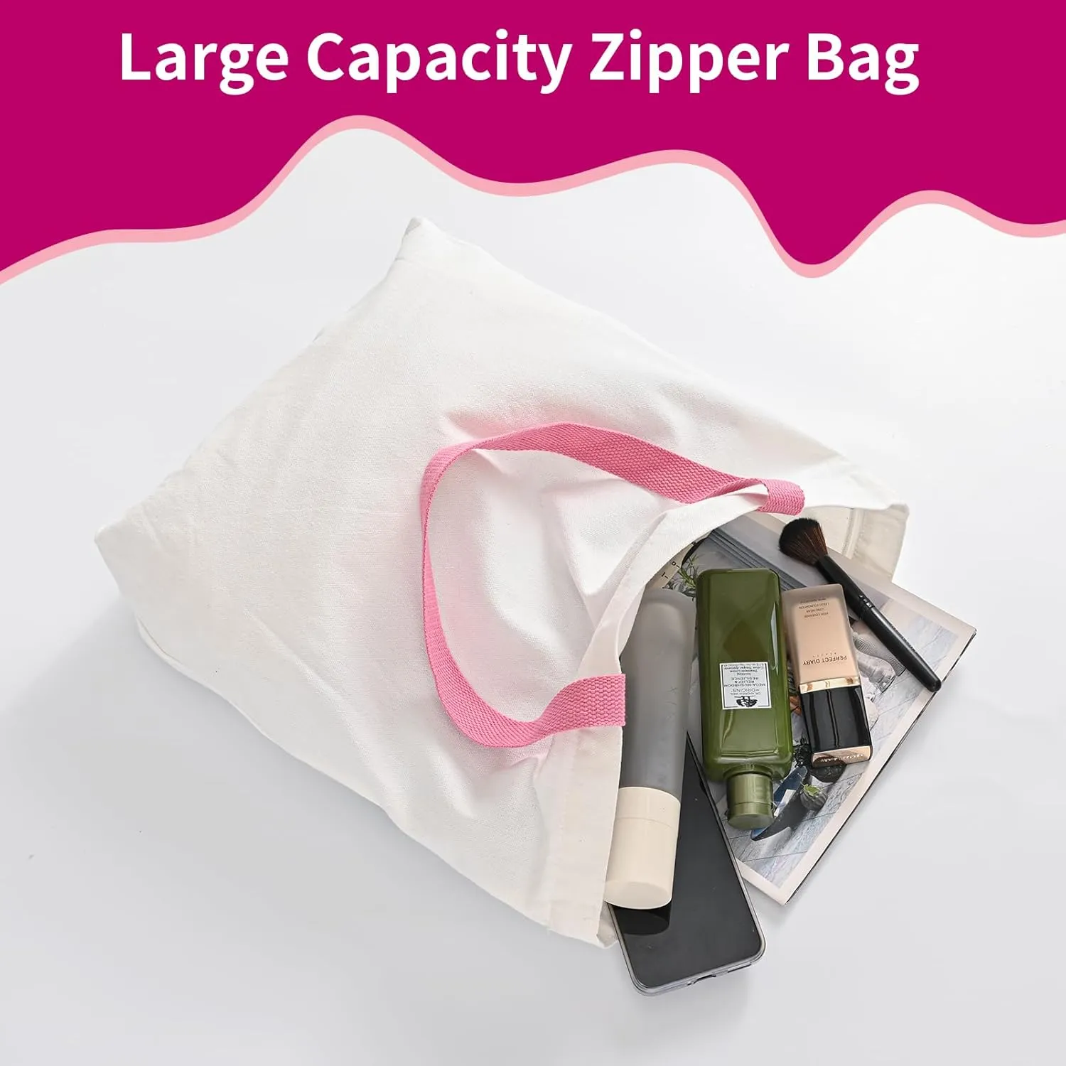 10 Pack Canvas Tote Bag with Zipper, Reusable Grocery Bags with Long Handle, DIY Heat Transfer Sublimation Blanks Shopping Bags for Advertising, Birthday, Halloween, Christmas Craft Bags