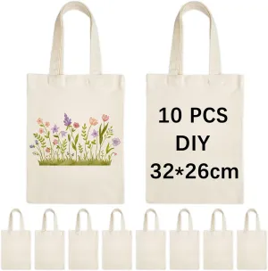 10 PCS Sublimation Tote bag,sublimation canvas bags bulk, scrawl shopping bag,Beige blank canvas tote bags for DIY craft and decorative craft 10.2 * 12.6 inches(26 * 32cm)