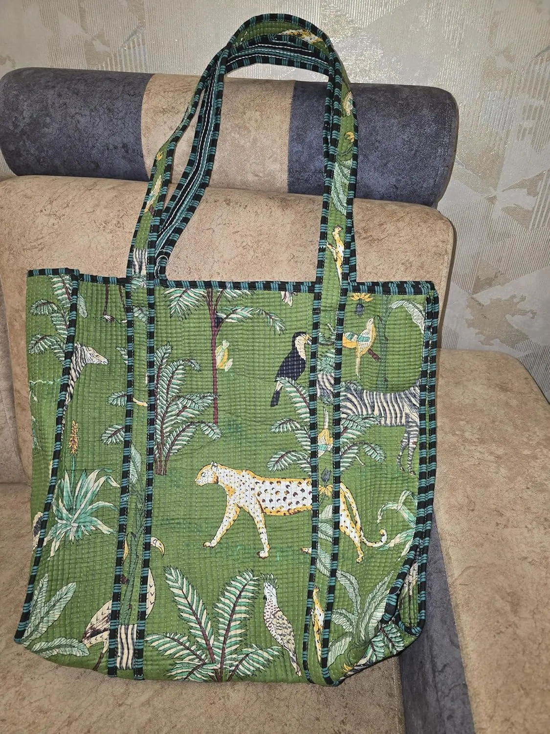 100% Cotton Quilted Tote Bag –Handmade Shoulder Bag Animal Print Lightweight for Shopping, Travel & Daily Use