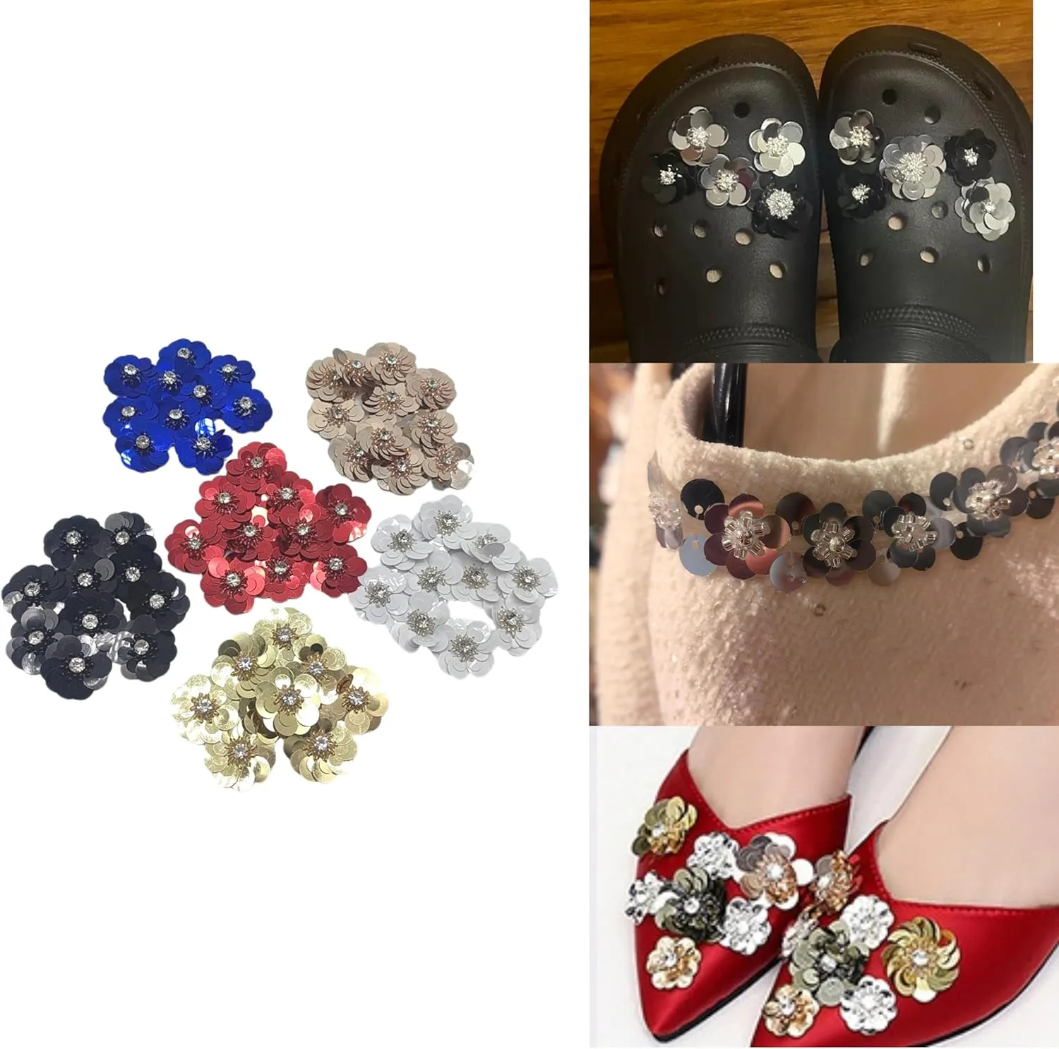 10pc Sequin Flowers Beading Applique Gold 1.18Inch Sew on Patches Glitter Mini Crystal Paillette Applique for DIY Wedding Cloth Shoes Hair Headband Decor