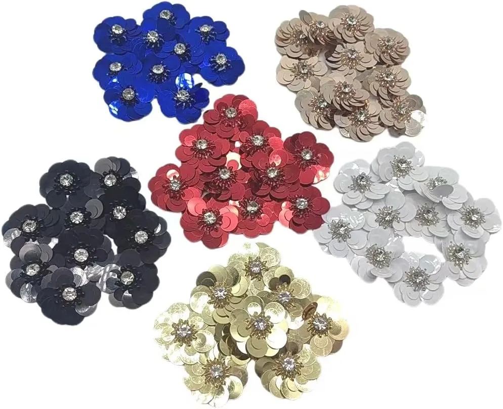 10pc Sequin Flowers Beading Applique Gold 1.18Inch Sew on Patches Glitter Mini Crystal Paillette Applique for DIY Wedding Cloth Shoes Hair Headband Decor