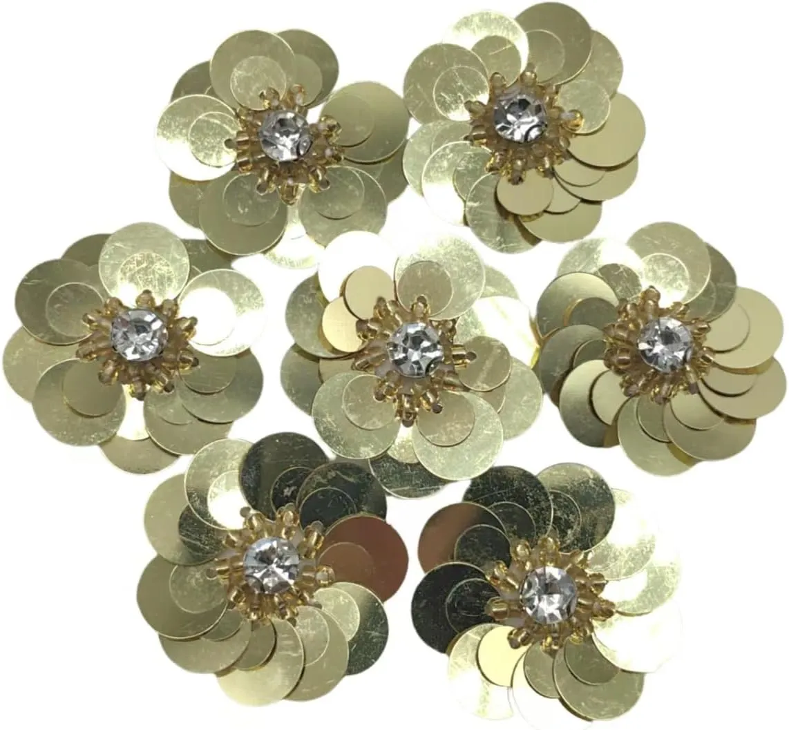 10pc Sequin Flowers Beading Applique Gold 1.18Inch Sew on Patches Glitter Mini Crystal Paillette Applique for DIY Wedding Cloth Shoes Hair Headband Decor