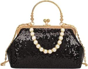 1920s Vintage Evening Clutch Bag Sparkly Sequin Handbag for Women Bridal Wedding Purse Beaded Pearl Shoulder Bag