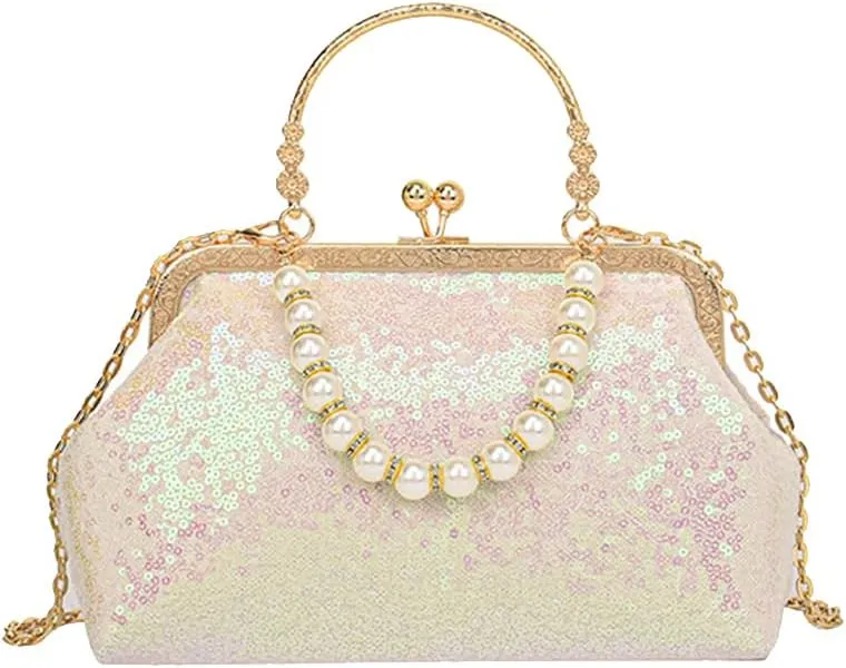 1920s Vintage Evening Clutch Bag Sparkly Sequin Handbag for Women Bridal Wedding Purse Beaded Pearl Shoulder Bag