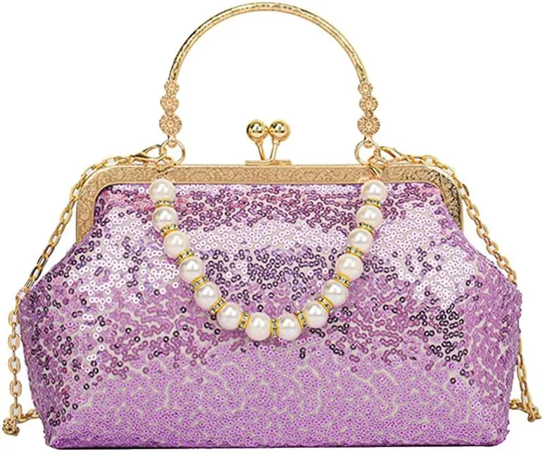 1920s Vintage Evening Clutch Bag Sparkly Sequin Handbag for Women Bridal Wedding Purse Beaded Pearl Shoulder Bag
