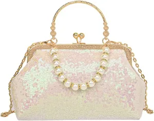 1920s Vintage Evening Clutch Bag Sparkly Sequin Handbag for Women Bridal Wedding Purse Beaded Pearl Shoulder Bag