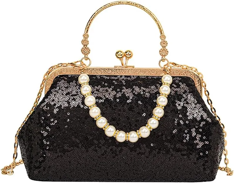 1920s Vintage Evening Clutch Bag Sparkly Sequin Handbag for Women Bridal Wedding Purse Beaded Pearl Shoulder Bag