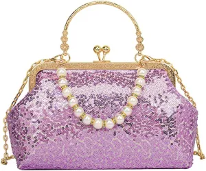 1920s Vintage Evening Clutch Bag Sparkly Sequin Handbag for Women Bridal Wedding Purse Beaded Pearl Shoulder Bag
