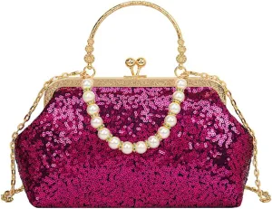 1920s Vintage Evening Clutch Bag Sparkly Sequin Handbag for Women Bridal Wedding Purse Beaded Pearl Shoulder Bag