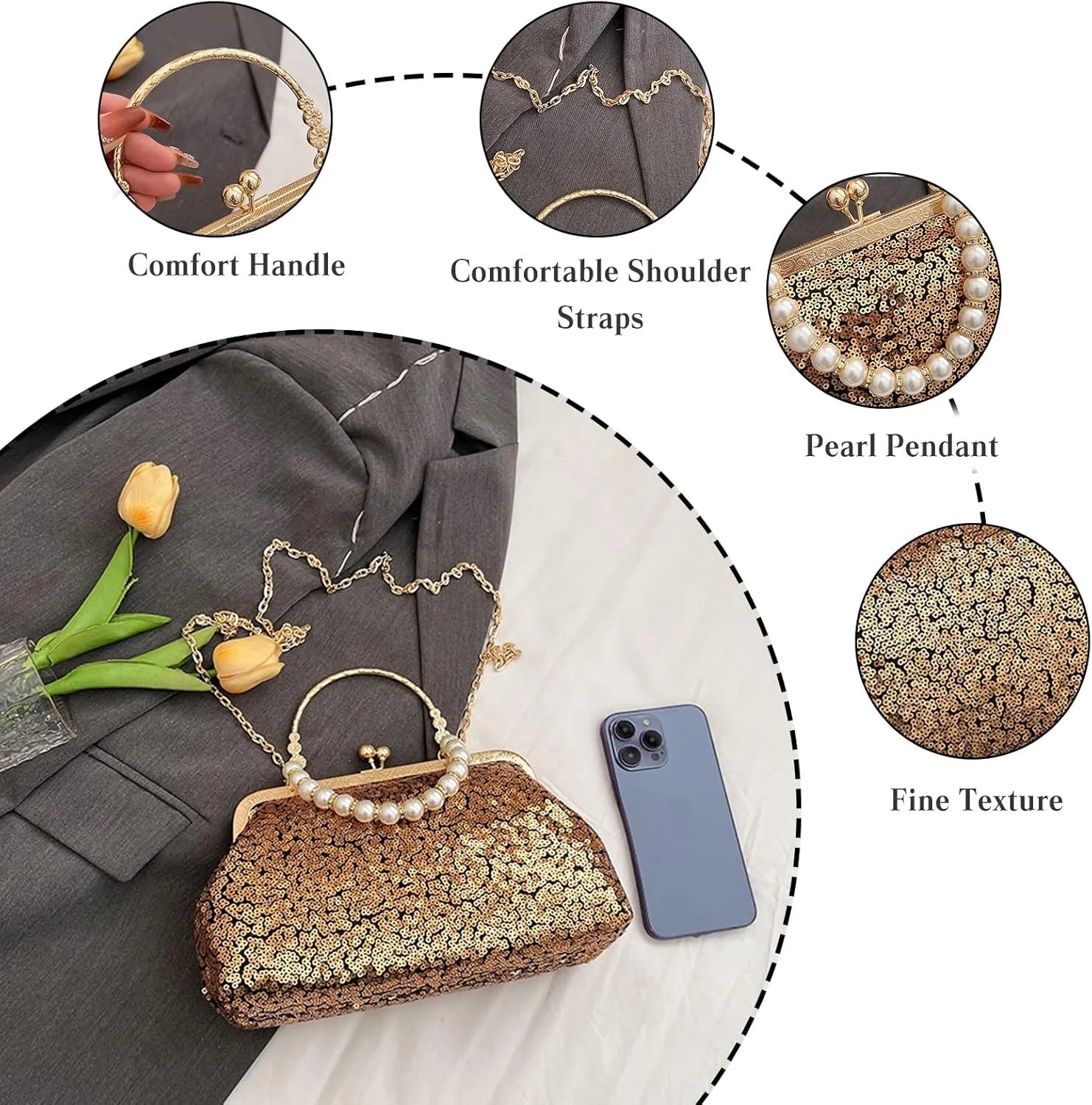 1920s Vintage Evening Clutch Bag Sparkly Sequin Handbag for Women Bridal Wedding Purse Beaded Pearl Shoulder Bag