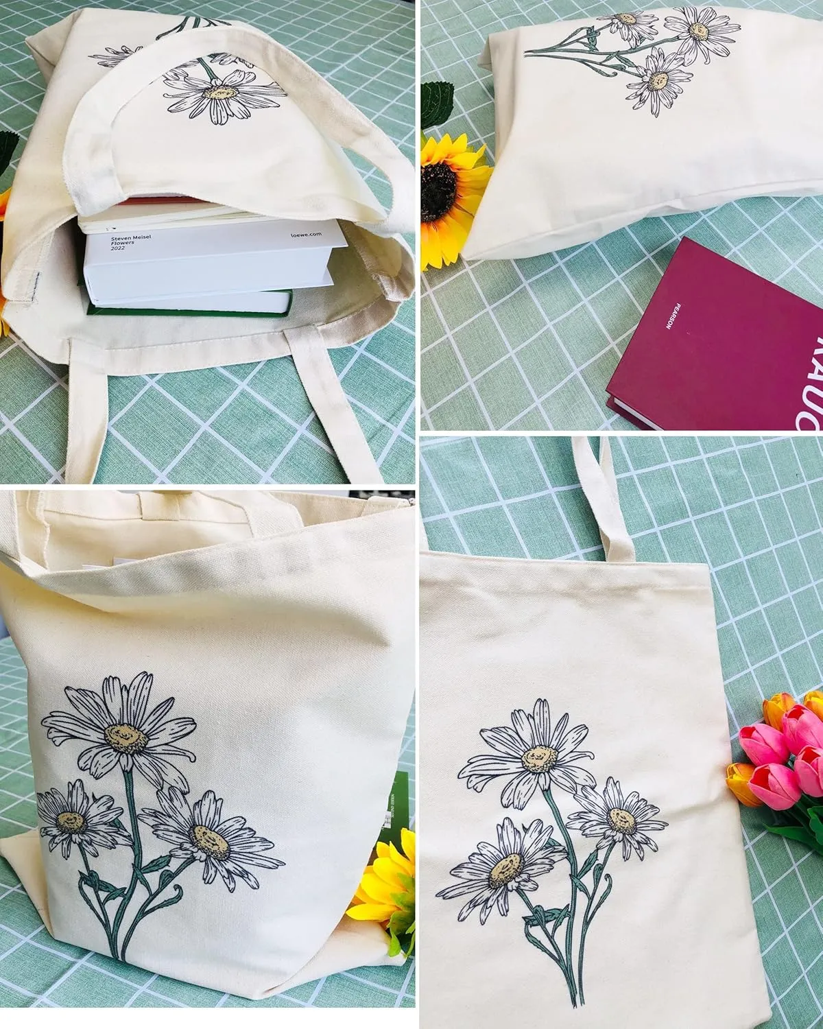 2 PCS Floral Tote Bag Aesthetic Flowers Botanical Shopping Bag Beautiful Flowers Reusable Grocery Bag for Women