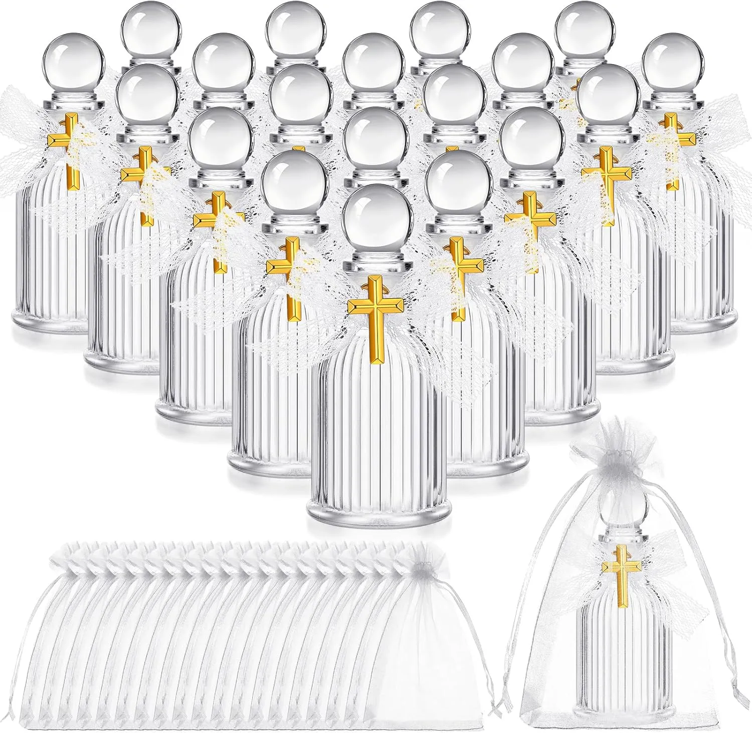 20 Set Holy Water Bottles Glass 40ml Holy Water Container Empty Containers with Gold Cross for Catholic Christian Church Halloween First Communion Thanksgiving Baptism Party Favor Gifts