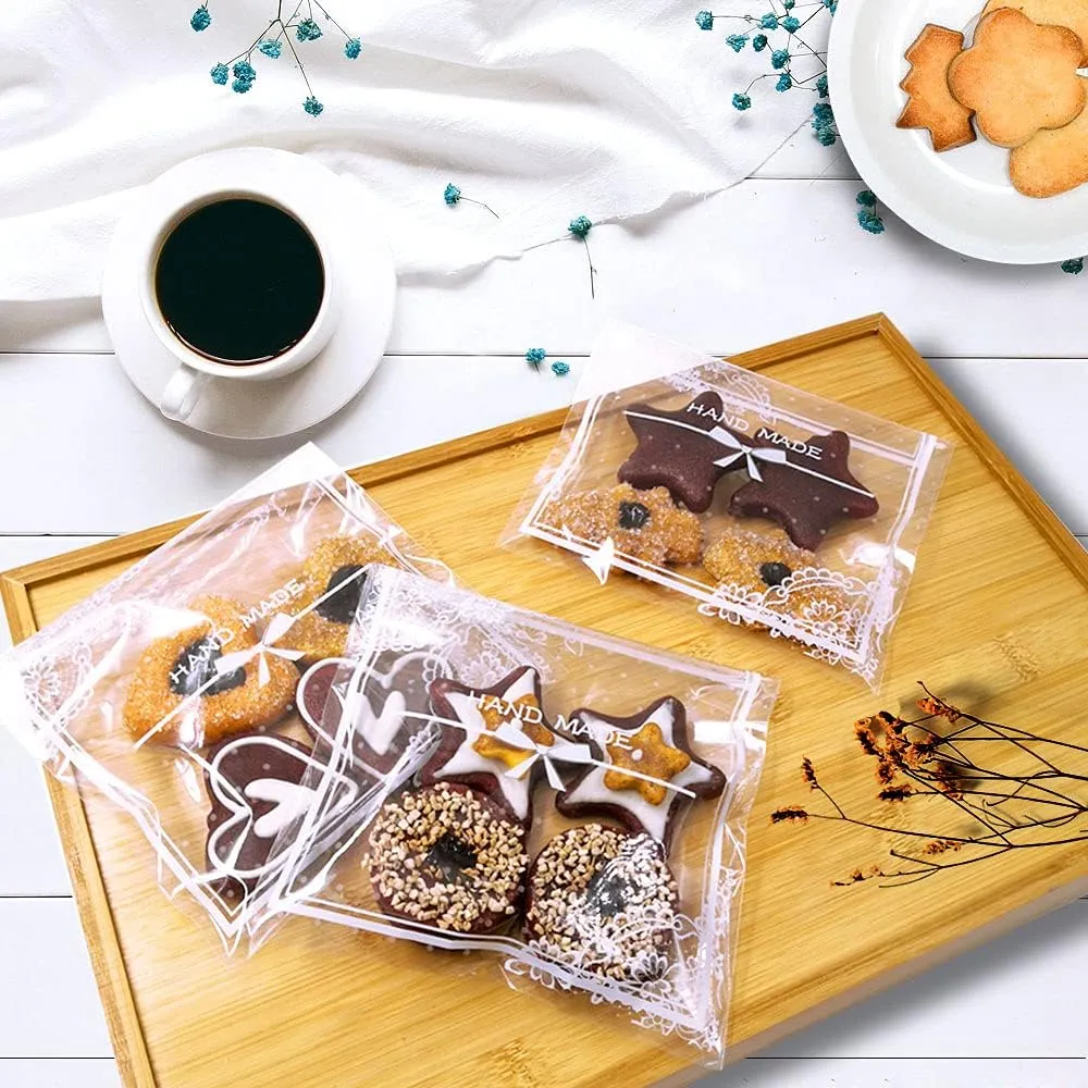 200pcs Clear Lace Bowknot Self-Adhesive Treat Bags – Elegant Cellophane Cookie & Candy Bags for Bakery, Wedding & Party Favors