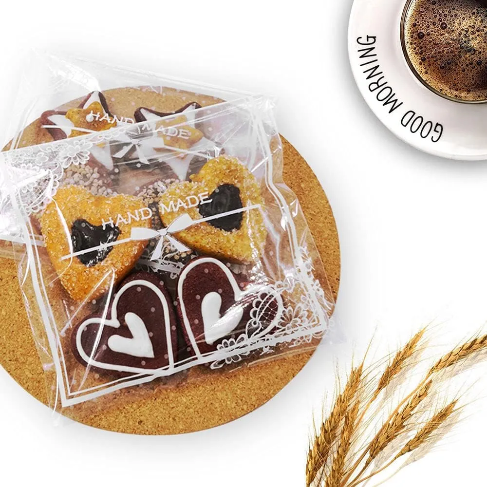 200pcs Clear Lace Bowknot Self-Adhesive Treat Bags – Elegant Cellophane Cookie & Candy Bags for Bakery, Wedding & Party Favors