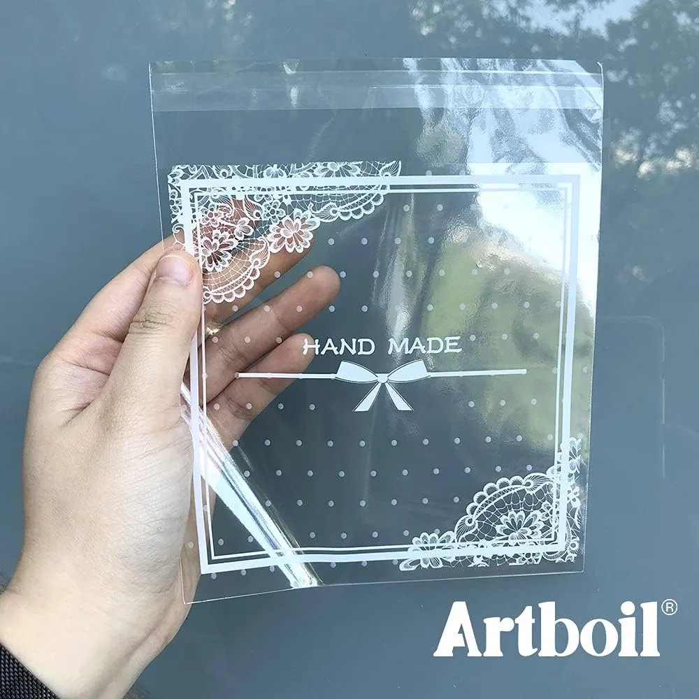 200pcs Clear Lace Bowknot Self-Adhesive Treat Bags – Elegant Cellophane Cookie & Candy Bags for Bakery, Wedding & Party Favors