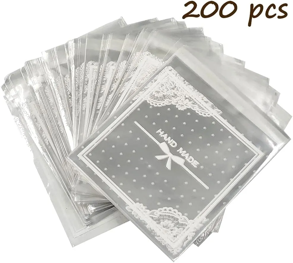 200pcs Clear Lace Bowknot Self-Adhesive Treat Bags – Elegant Cellophane Cookie & Candy Bags for Bakery, Wedding & Party Favors