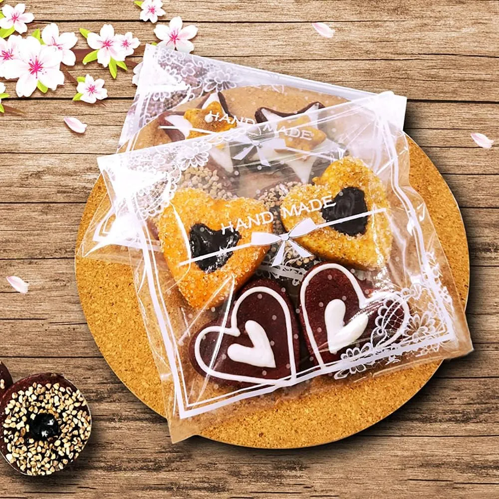 200pcs Clear Lace Bowknot Self-Adhesive Treat Bags – Elegant Cellophane Cookie & Candy Bags for Bakery, Wedding & Party Favors