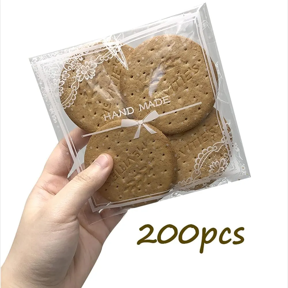 200pcs Clear Lace Bowknot Self-Adhesive Treat Bags – Elegant Cellophane Cookie & Candy Bags for Bakery, Wedding & Party Favors