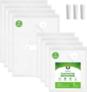 [2025 Upgraded] Syntus Vacuum Sealer Bags for Food, 30 Pcs Small Size 8" x 10" and Medium Size 10" x 13.8" Food Storage Bags for Sous Vide Cooking Microwave Heating, Air Valve Zipper Bags & Zip Clips