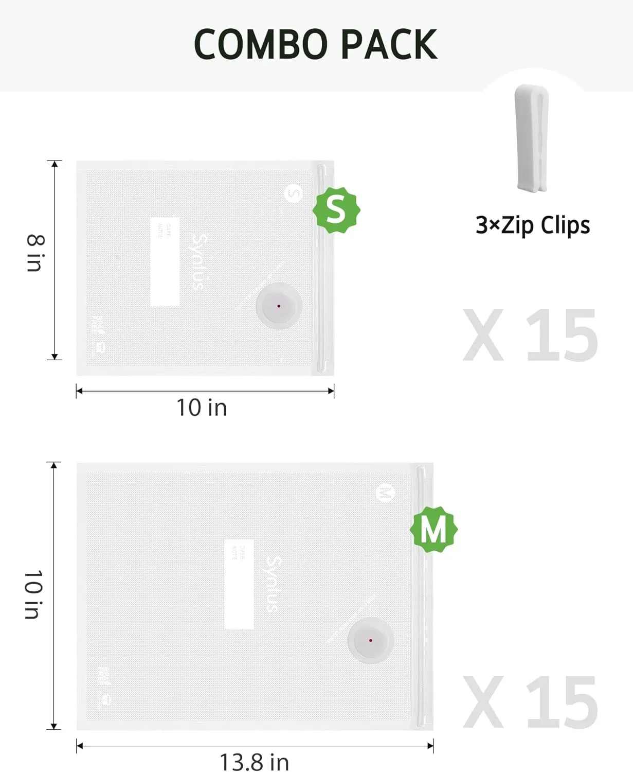 [2025 Upgraded] Syntus Vacuum Sealer Bags for Food, 30 Pcs Small Size 8" x 10" and Medium Size 10" x 13.8" Food Storage Bags for Sous Vide Cooking Microwave Heating, Air Valve Zipper Bags & Zip Clips