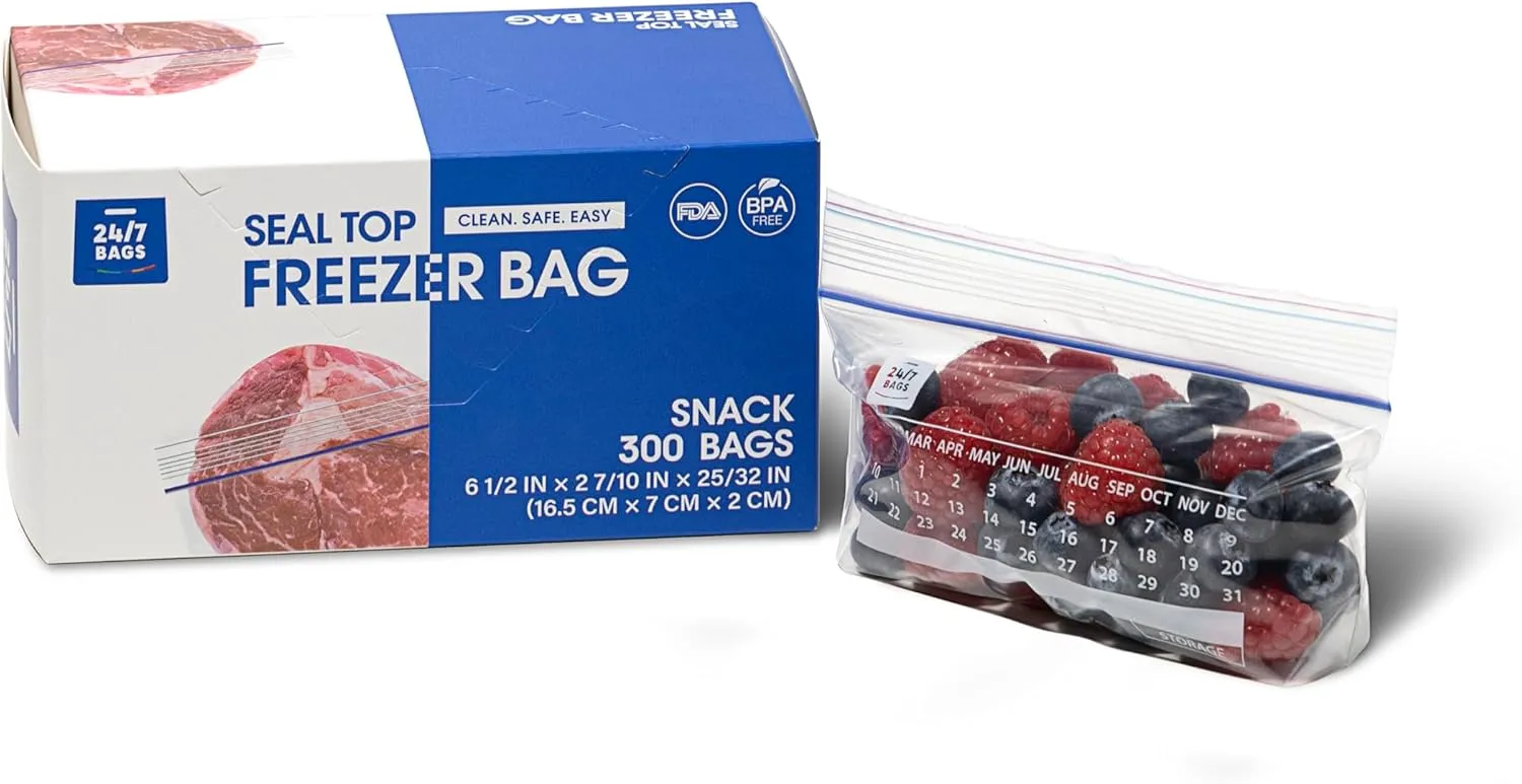 24/7 Bags- Snack Freezer Bags - 300 Count with Expandable Bottom and New Calendar Feature, Easy Fill On The Go