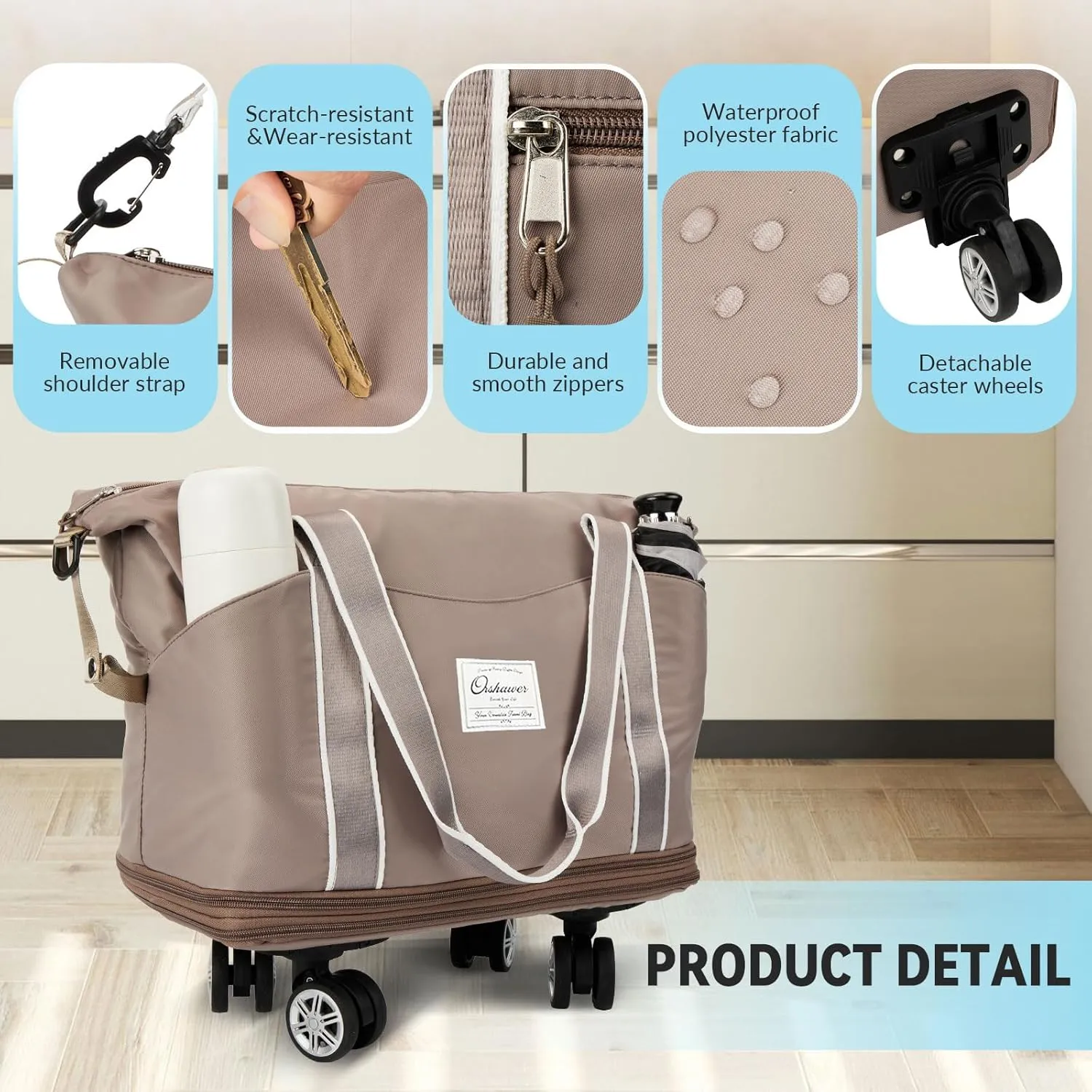 25L-55L Expandable Foldable Duffle Bag, Rolling Duffle Bag with Detachable Wheels and Adjustable Shoulder Strap