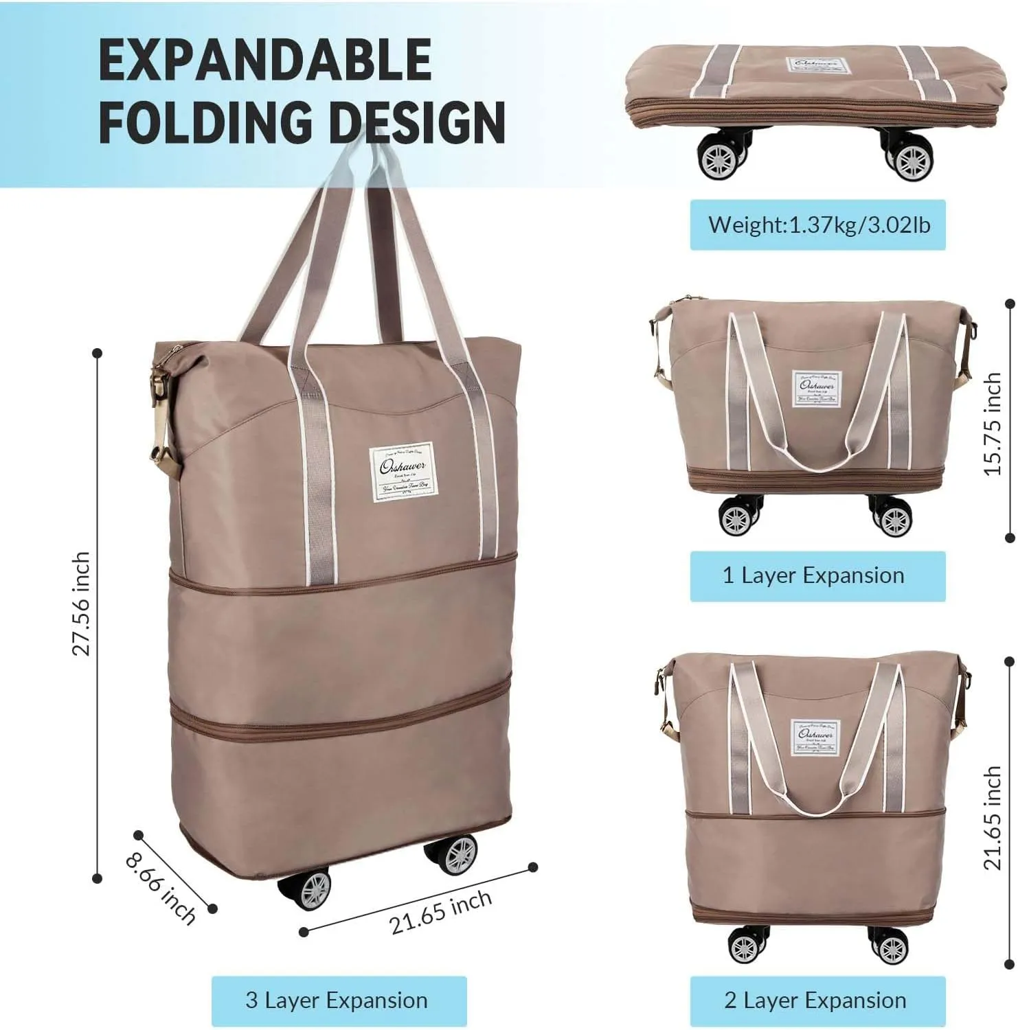 25L-55L Expandable Foldable Duffle Bag, Rolling Duffle Bag with Detachable Wheels and Adjustable Shoulder Strap