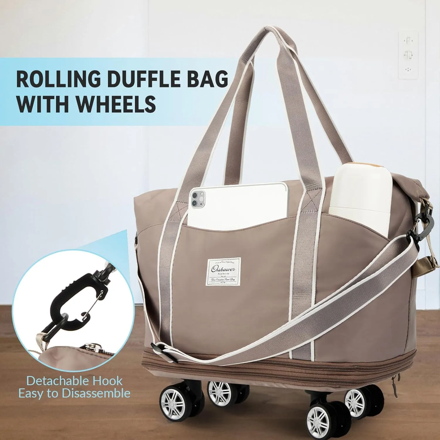 25L-55L Expandable Foldable Duffle Bag, Rolling Duffle Bag with Detachable Wheels and Adjustable Shoulder Strap