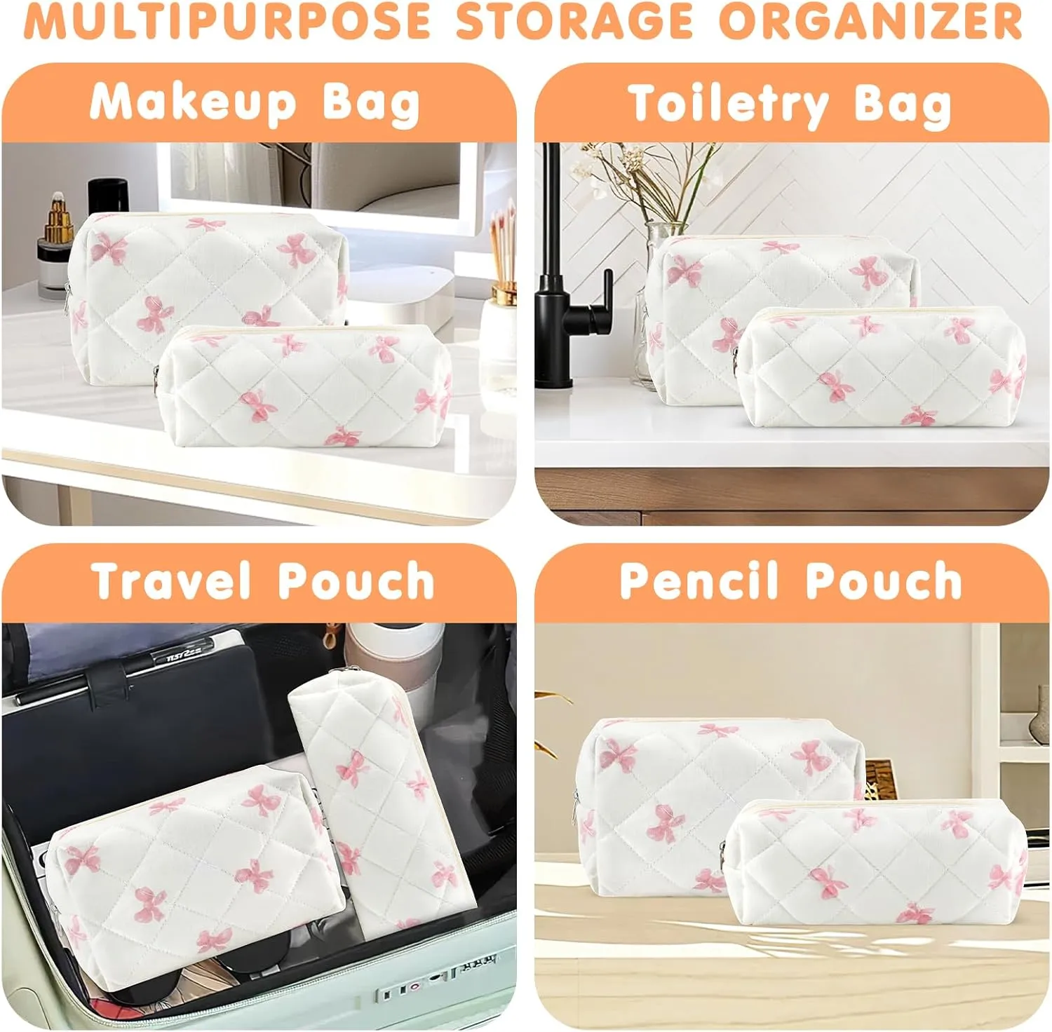 2Pcs Cotton Quilted Makeup Bag for Women Small Coquette Cosmetic Bags Cute Zipper Pink Bow Makeup Pouch Aesthetic Portable Pencil Case Travel Toiletry Bag Trendy Cloth Skincare Bags