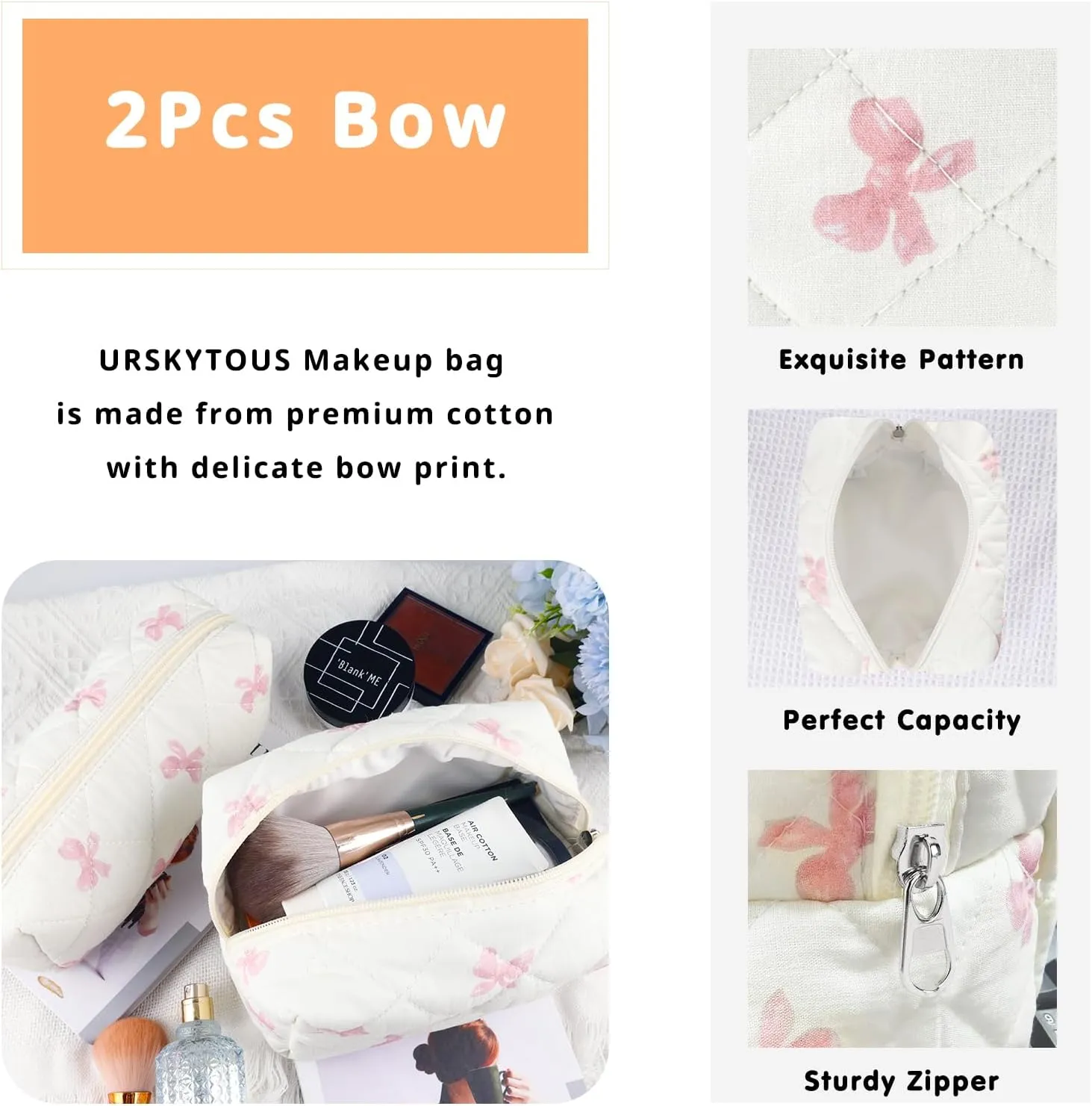 2Pcs Cotton Quilted Makeup Bag for Women Small Coquette Cosmetic Bags Cute Zipper Pink Bow Makeup Pouch Aesthetic Portable Pencil Case Travel Toiletry Bag Trendy Cloth Skincare Bags