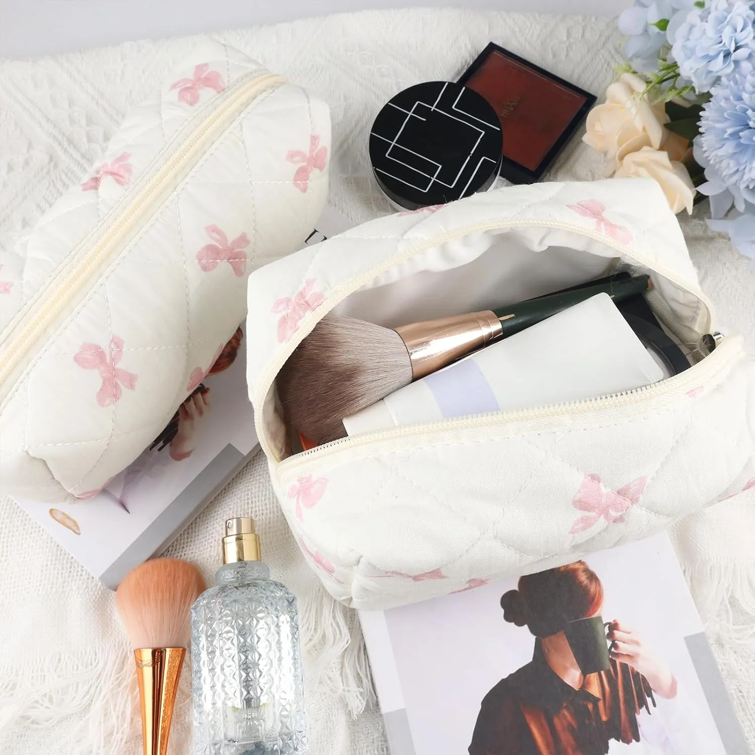 2Pcs Cotton Quilted Makeup Bag for Women Small Coquette Cosmetic Bags Cute Zipper Pink Bow Makeup Pouch Aesthetic Portable Pencil Case Travel Toiletry Bag Trendy Cloth Skincare Bags