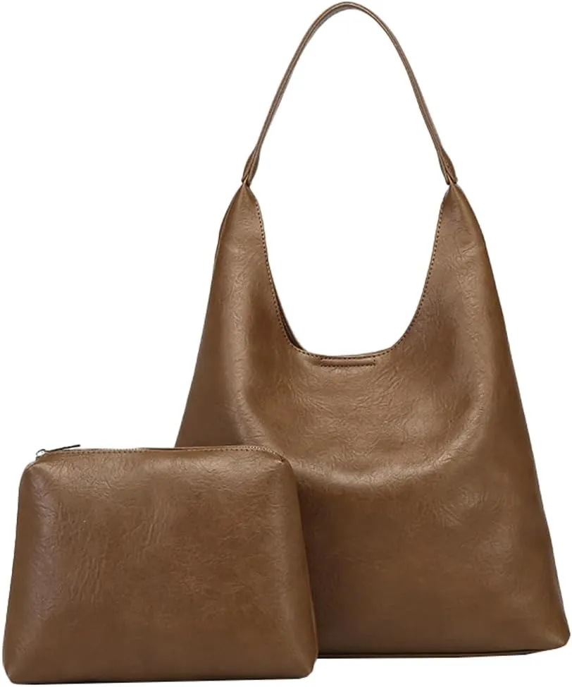 2Pcs Slouchy Hobo Bags for Women Vintage PU Leather Tote Bag Crossbody Purses Soft Top-handle Shoulder Handbags 2025