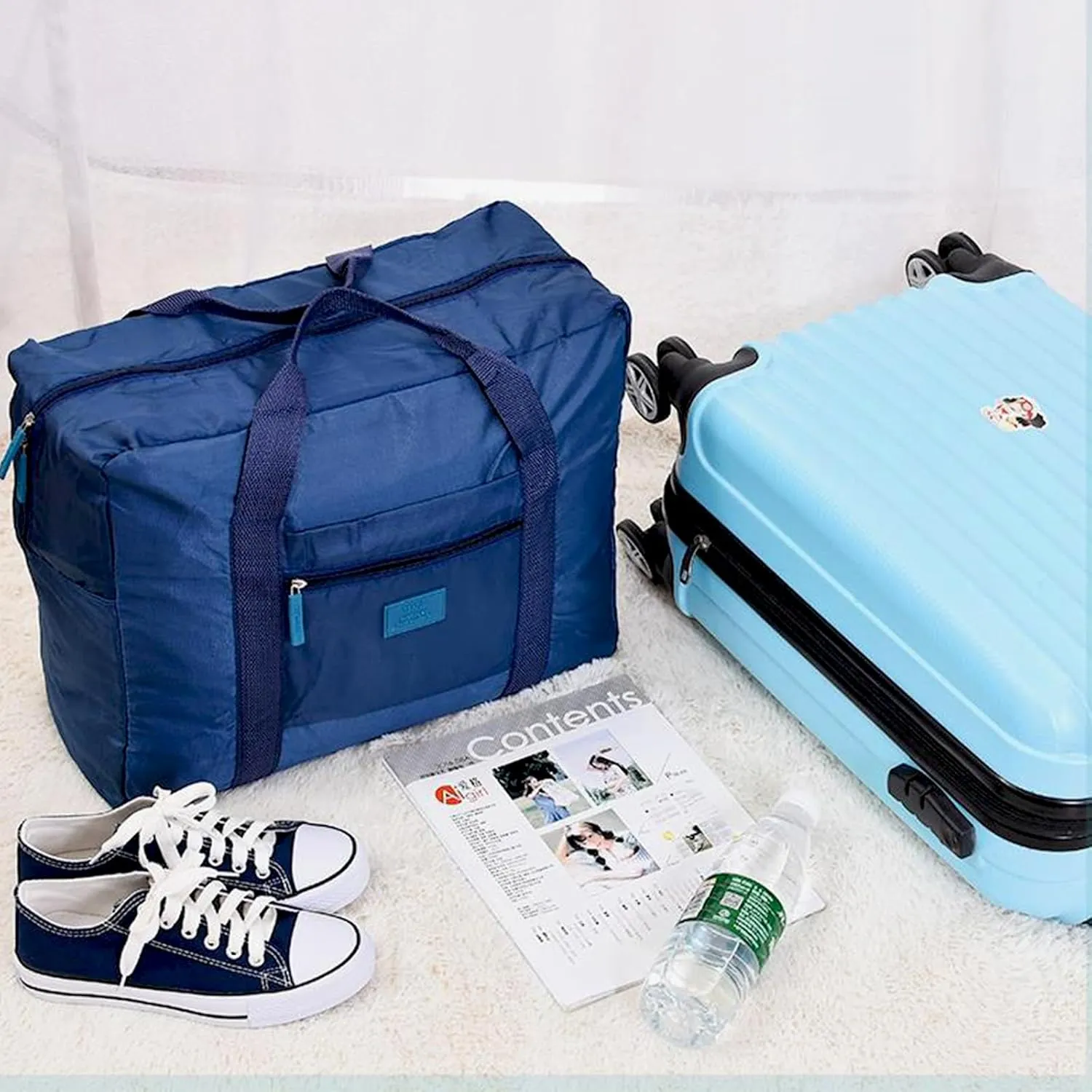 2PCS Travel Bag Foldable Luggage Bag for Spirit Airlines Tote Carry on Duffle Bag Sports Gym Water Resistant Personal Item Bag Weekender Overnight Bag (Blue Green)