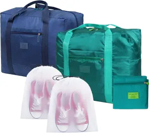 2PCS Travel Bag Foldable Luggage Bag for Spirit Airlines Tote Carry on Duffle Bag Sports Gym Water Resistant Personal Item Bag Weekender Overnight Bag (Blue Green)