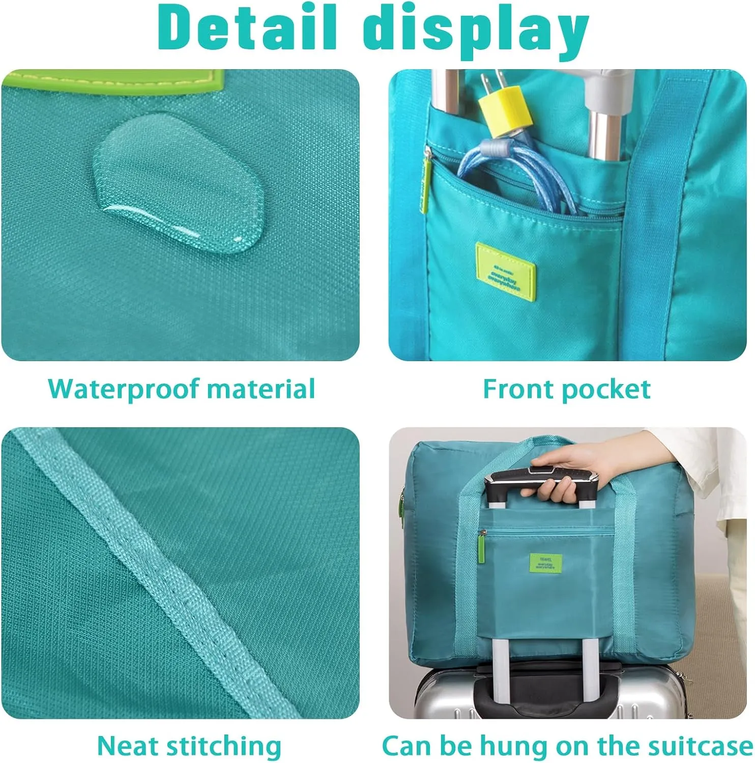 2PCS Travel Bag Foldable Luggage Bag for Spirit Airlines Tote Carry on Duffle Bag Sports Gym Water Resistant Personal Item Bag Weekender Overnight Bag (Blue Green)
