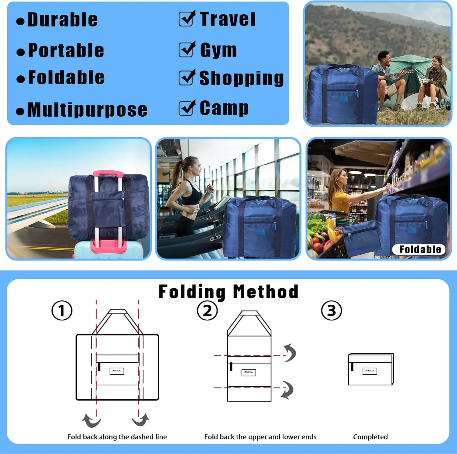 2PCS Travel Bag Foldable Luggage Bag for Spirit Airlines Tote Carry on Duffle Bag Sports Gym Water Resistant Personal Item Bag Weekender Overnight Bag (Blue Green)