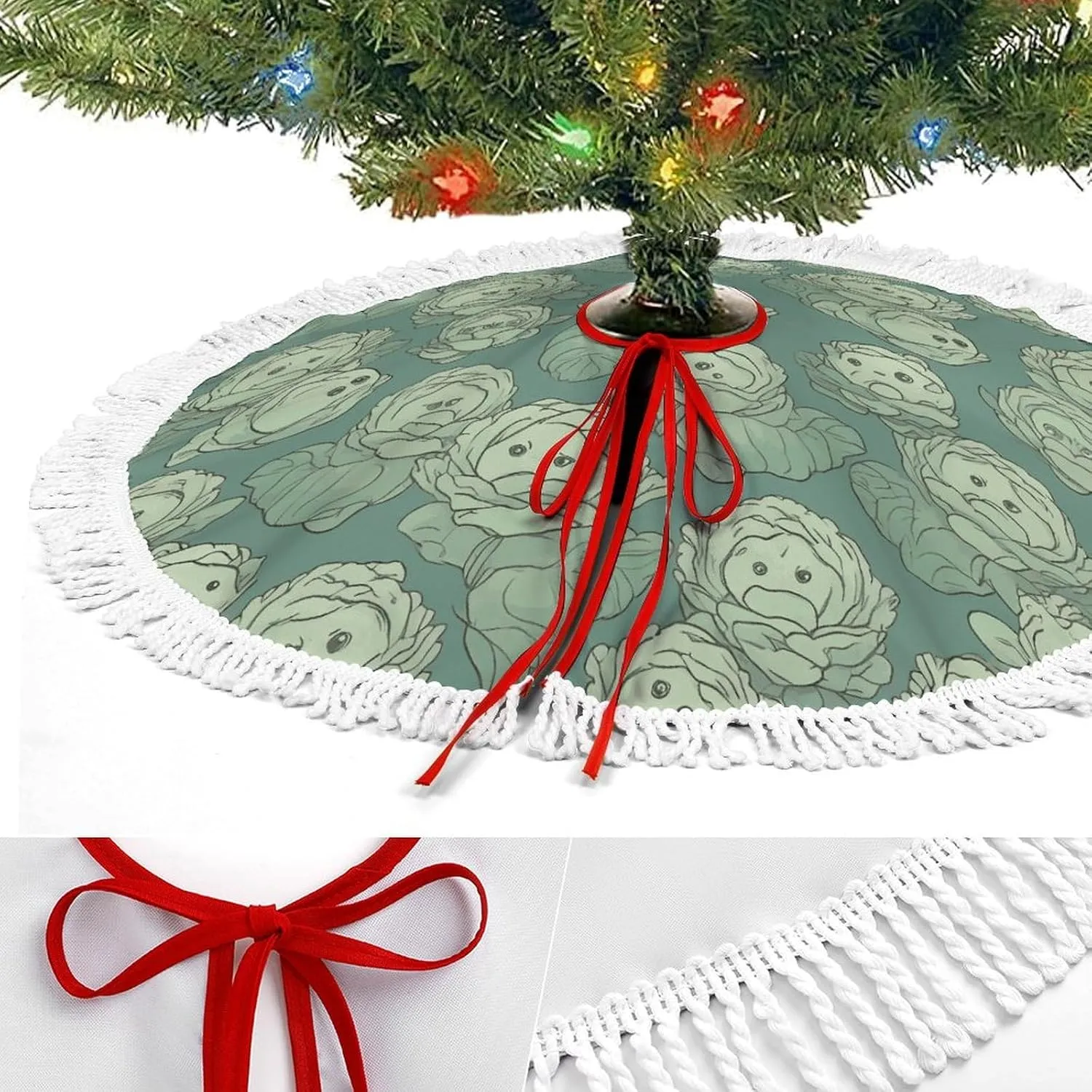 36 Inches Christmas Tree Skirt Cabbage Pattern Printed Xmas Tree Mat Christmas Ornaments for Home Indoor Outdoor Decorations Holiday Ornaments Party