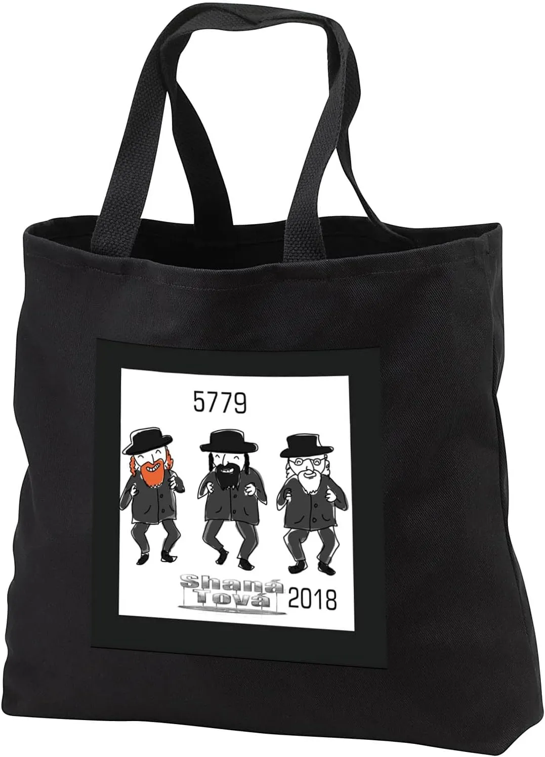 3dRose Black Tote Bag JUMBO 20w x 15h x 5d - Image of three Dancing Rabbis Say Shana Tova 5779 Jewish Themes
