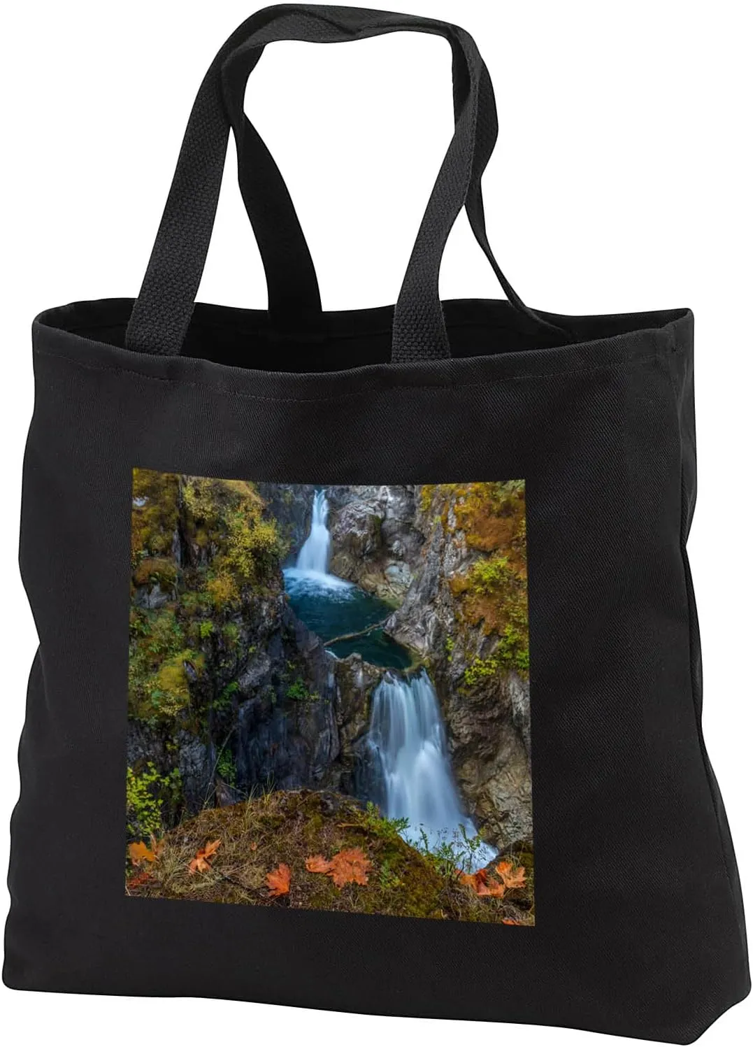 3dRose Black Tote Bag JUMBO 20w x 15h x 5d - Little Qualicum Falls Provincial Park near Parksville, B.C., Canada Waterfalls
