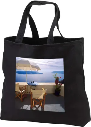 3dRose Greece, Santorini, Oia. House balcony with ocean view. - Tote Bags (tb_330093)