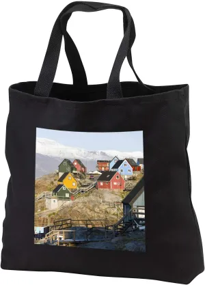 3dRose Small town of Uummannaq and glaciated Nuussuaq Peninsula. Greenland. - Tote Bags (tb_330542)