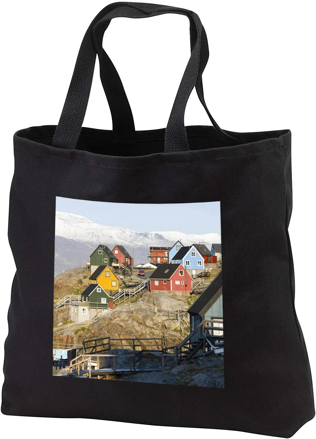 3dRose Small town of Uummannaq and glaciated Nuussuaq Peninsula. Greenland. - Tote Bags (tb_330542)
