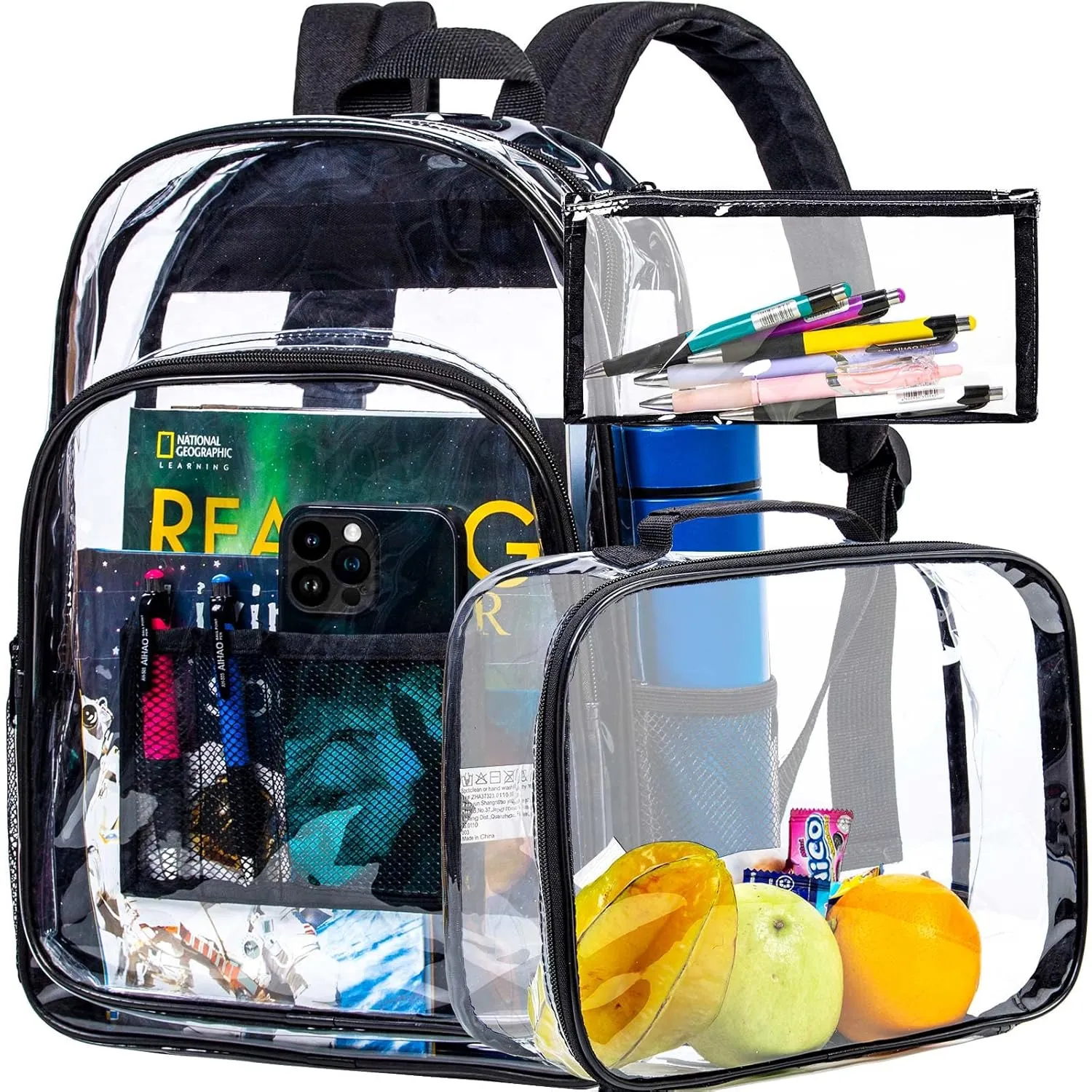 3PCS Clear Backpack, Heavy Duty Sequin Transparent Bookbag and Handbag- Black