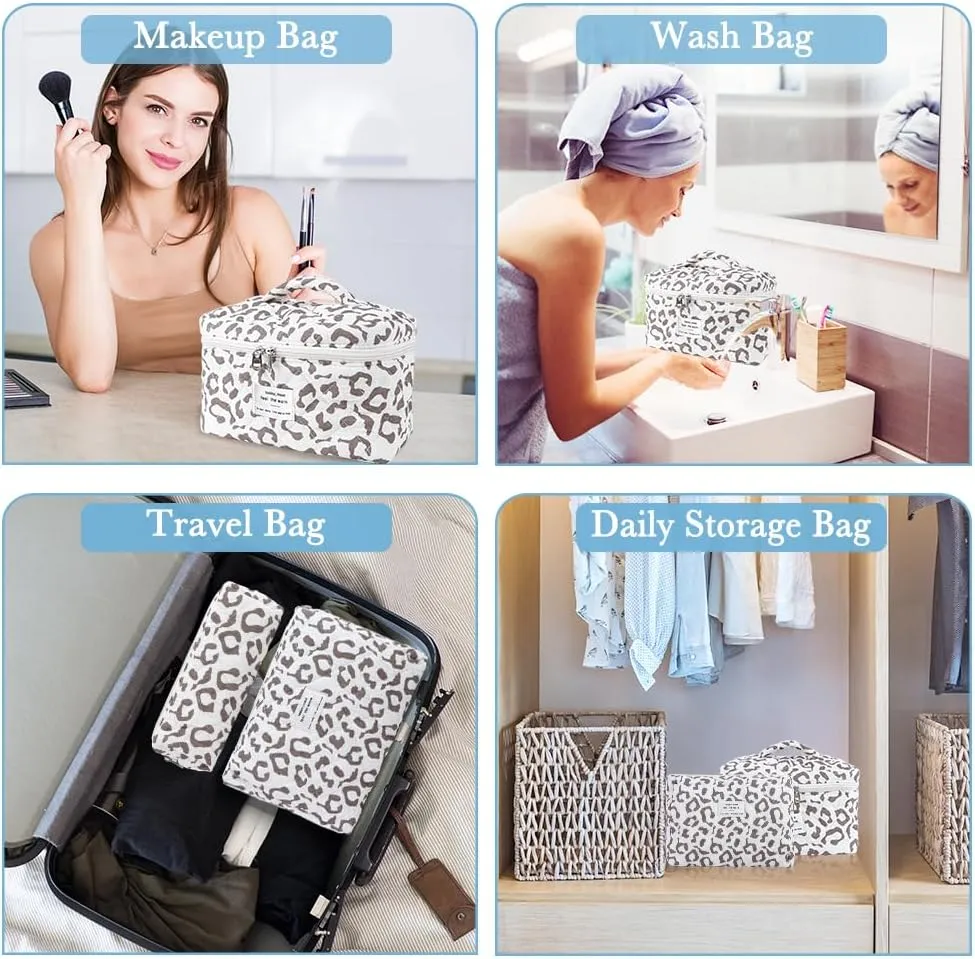 3Pcs Cotton Quilted Makeup Bag Set,Large Floral Cosmetic Bag,Aesthetic Toiletry Travel Makeup Bag Set and Cute Flower Bag for Women Girls(White Leopard Print)