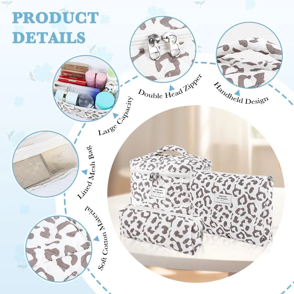 3Pcs Cotton Quilted Makeup Bag Set,Large Floral Cosmetic Bag,Aesthetic Toiletry Travel Makeup Bag Set and Cute Flower Bag for Women Girls(White Leopard Print)