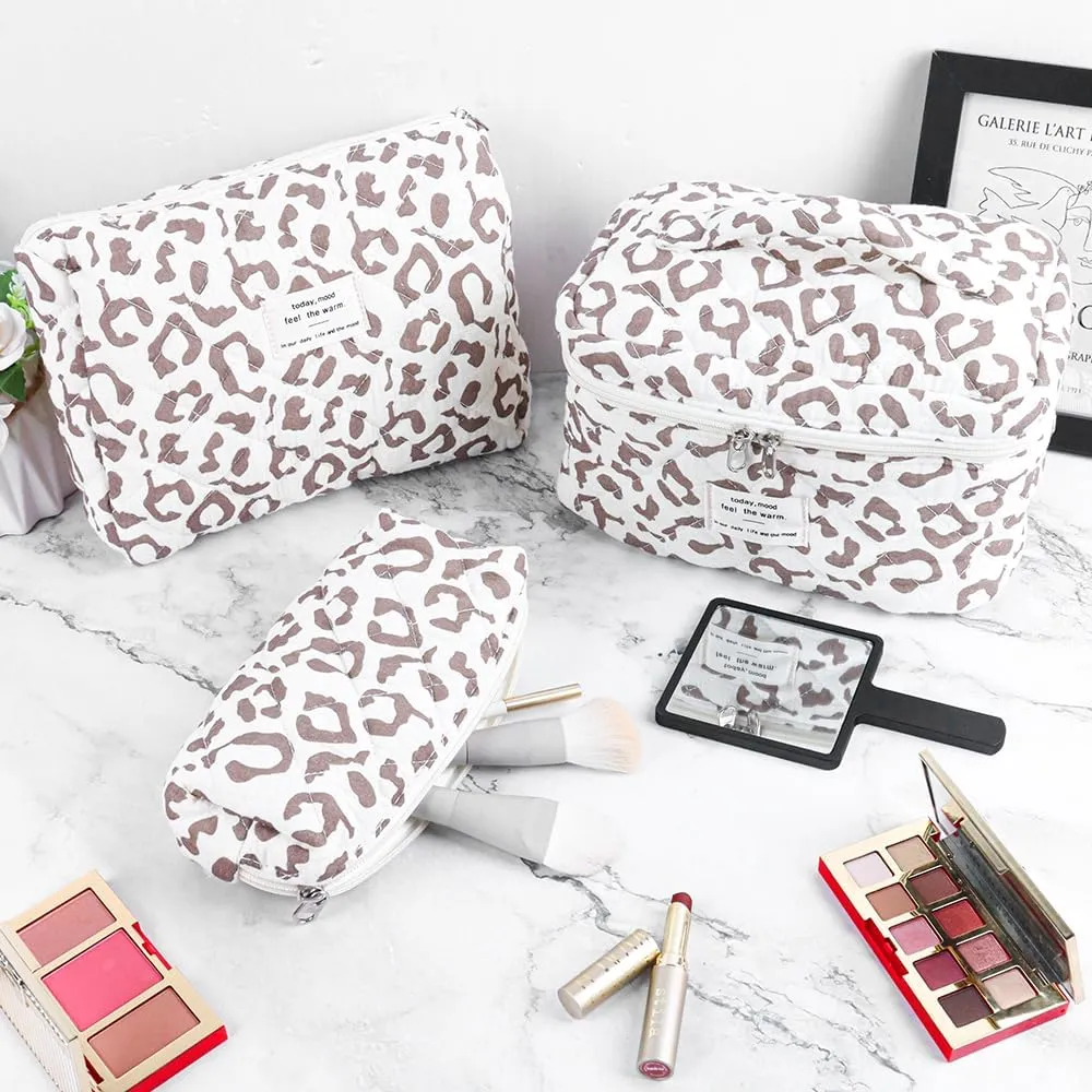 3Pcs Cotton Quilted Makeup Bag Set,Large Floral Cosmetic Bag,Aesthetic Toiletry Travel Makeup Bag Set and Cute Flower Bag for Women Girls(White Leopard Print)