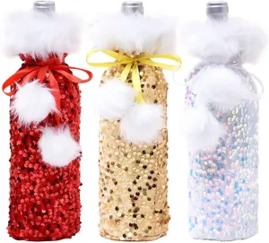 3PCS Reusable Christmas Wine Bottle Covers,Handmade Knit sequin cloth woven Drawstring champagne wine gift Bags for Xmas Dinner Party Table Decorations