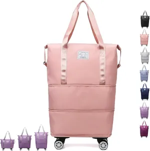 40 L Klarson Expandable Bag with Wheels, Klarson Travel Bag, Large Capacity Dry and Wet Separation Storage Luggage Bag, Three-Layer Expandable, Waterproof and Wear-Resistant (Pink)
